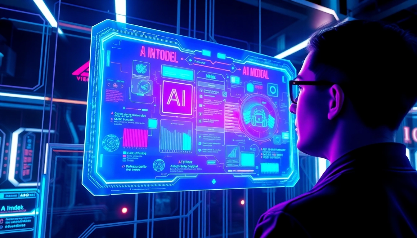 Futuristic AI interface with holographic screens and vibrant neon lights in a cyber-themed environment.