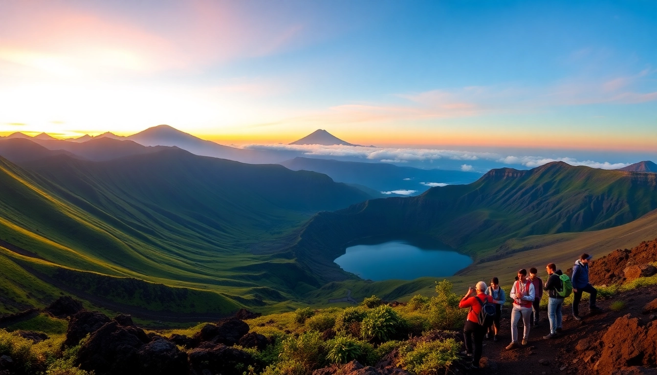 Sunrise over Mount Rinjani with hikers in the foreground and lush volcanic landscape