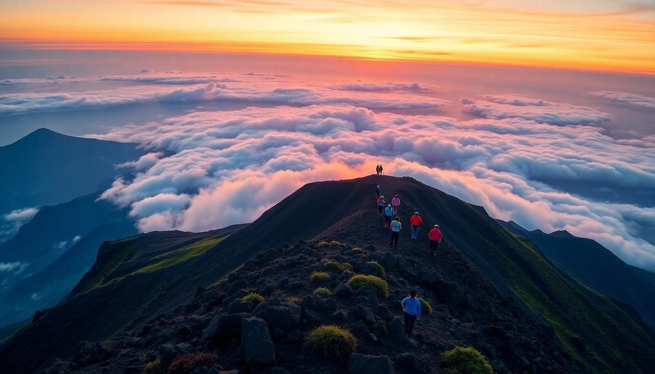 A panoramic sunrise view of Mount Rinjani with hikers approaching the summit, vibrant colors, rugged terrain, and swirling clouds.