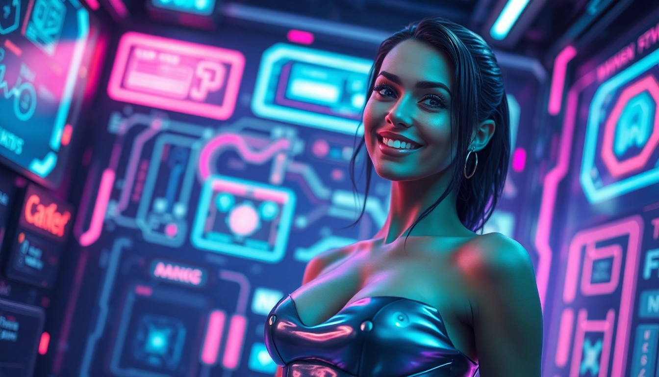 A cyberpunk-inspired AI character in a neon-lit digital environment, showcasing a bold and playful demeanor with high-tech elements around her.