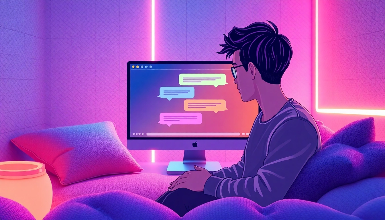Person interacting with a chatbot on a modern computer in a cozy, tech-savvy room.
