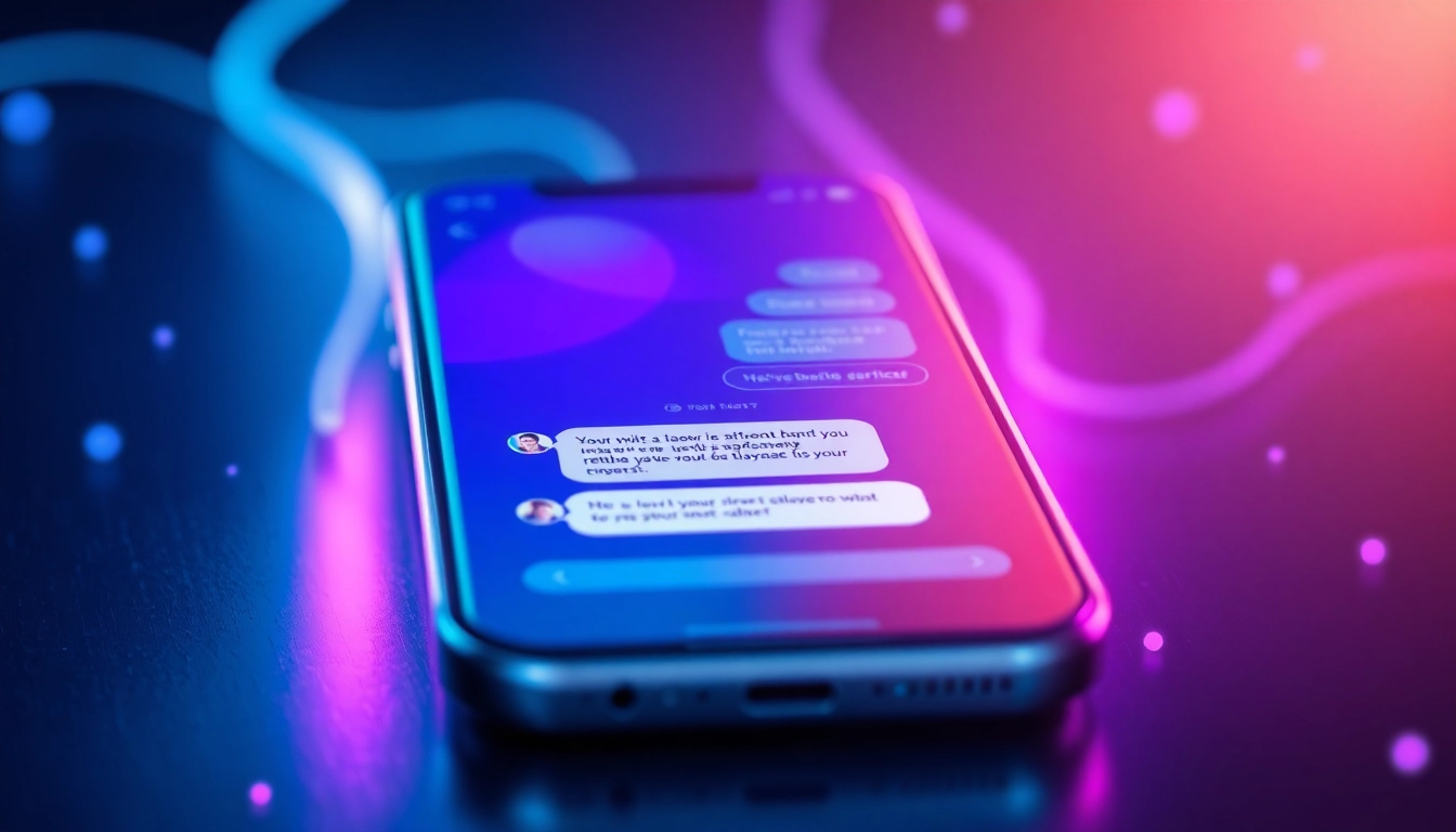 A close-up of a smartphone displaying a vibrant AI chat conversation about a fantasy character, with neon accents and a futuristic vibe.