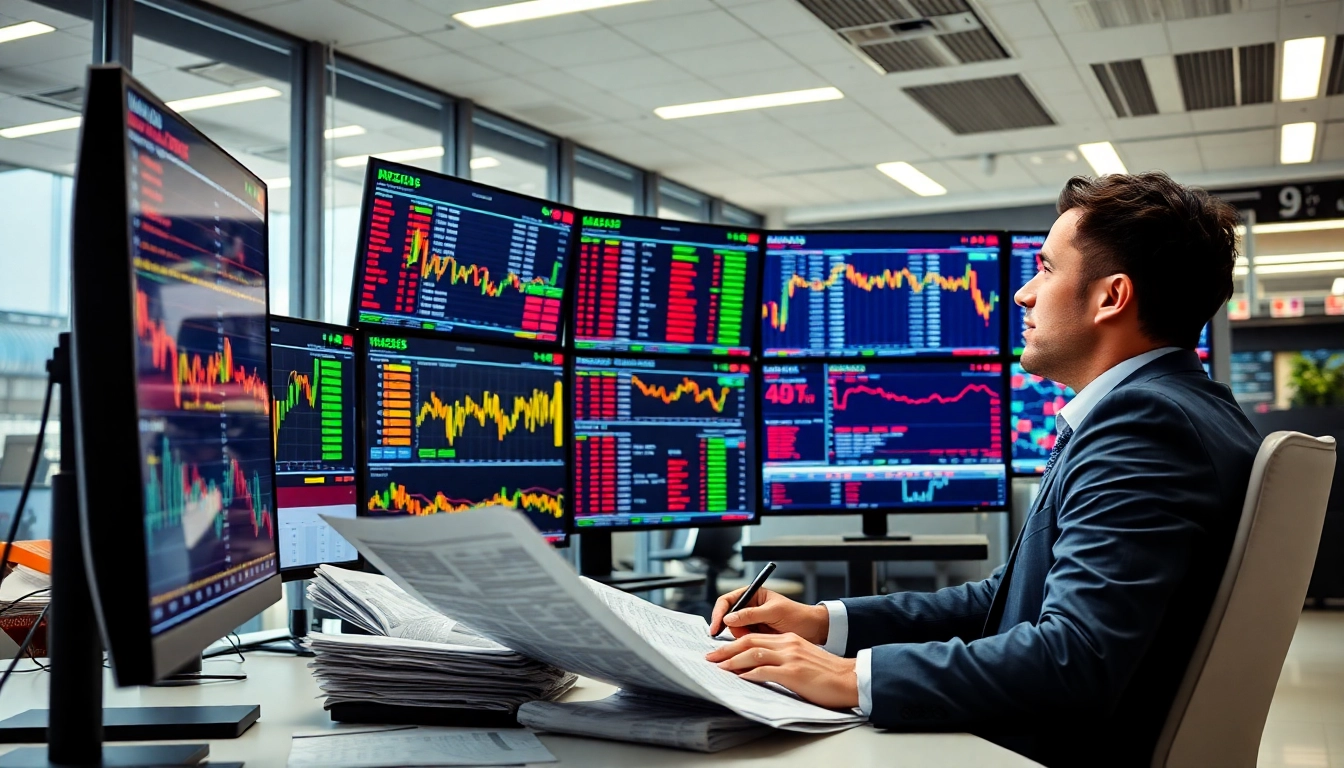 Stock market analyst analyzing stocks and shares news reports with financial charts and data