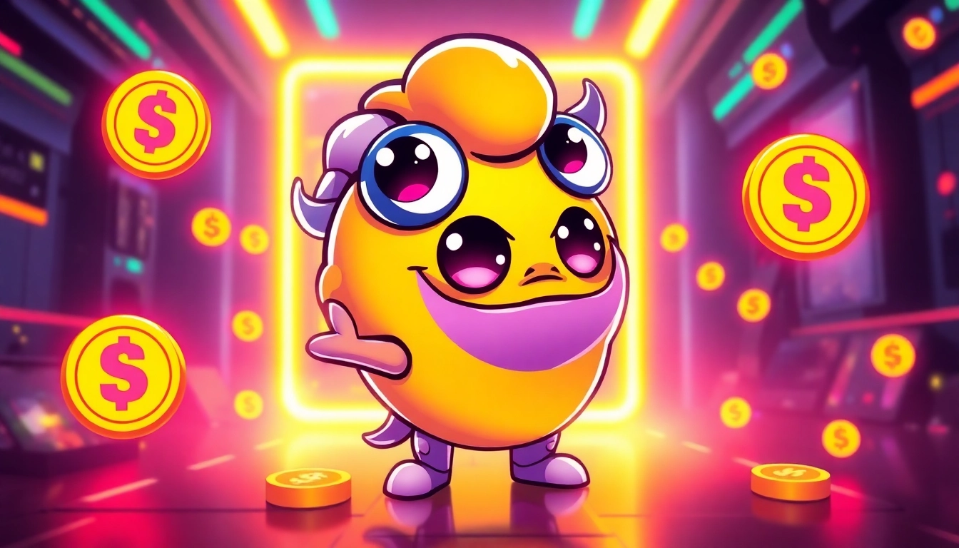 Pepe Coin Meme illustration featuring a cartoon Pepe with crypto coins in a vibrant, playful